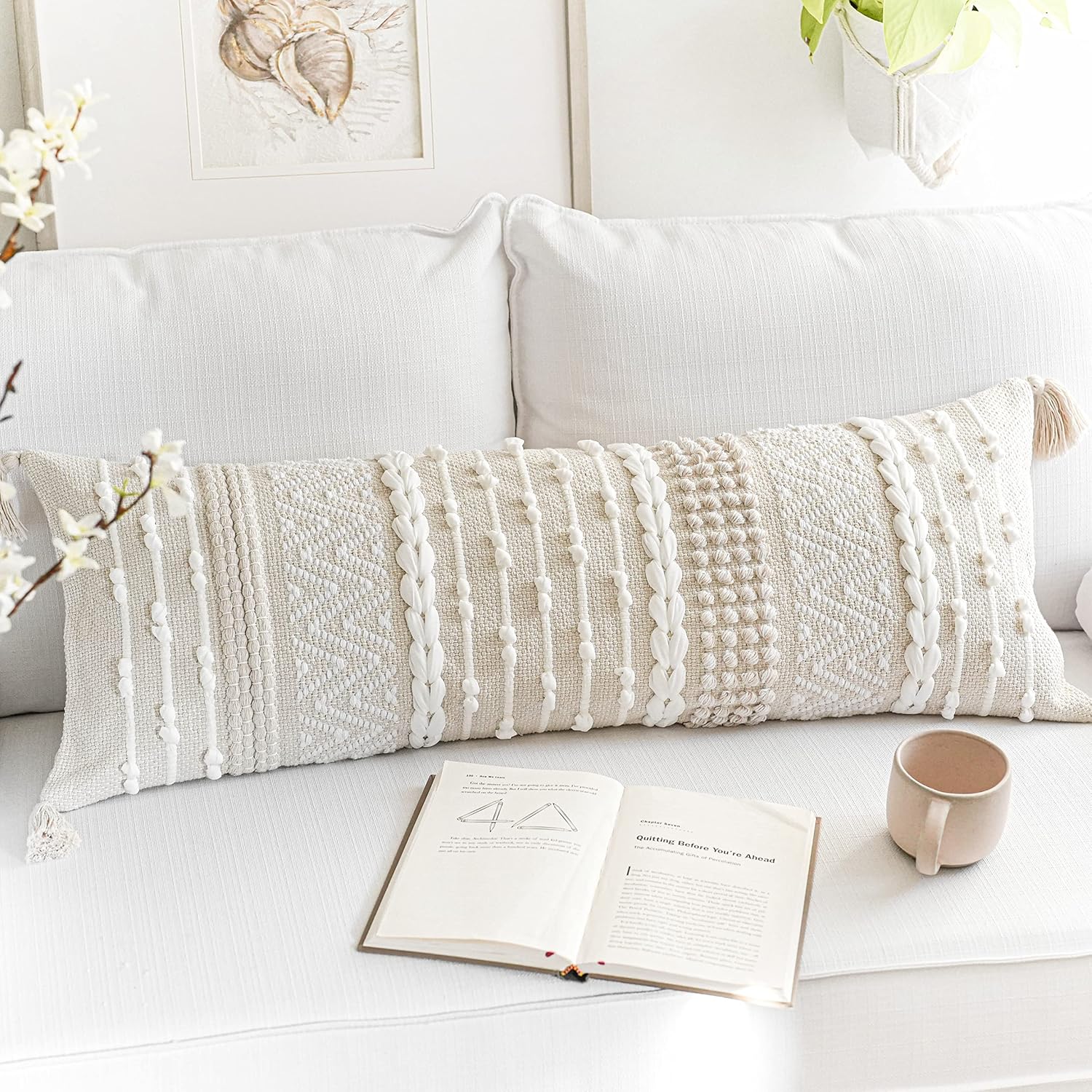 BlissBlush Cream Boho Lumbar Throw Pillow Cover, 14 x 36 Inch