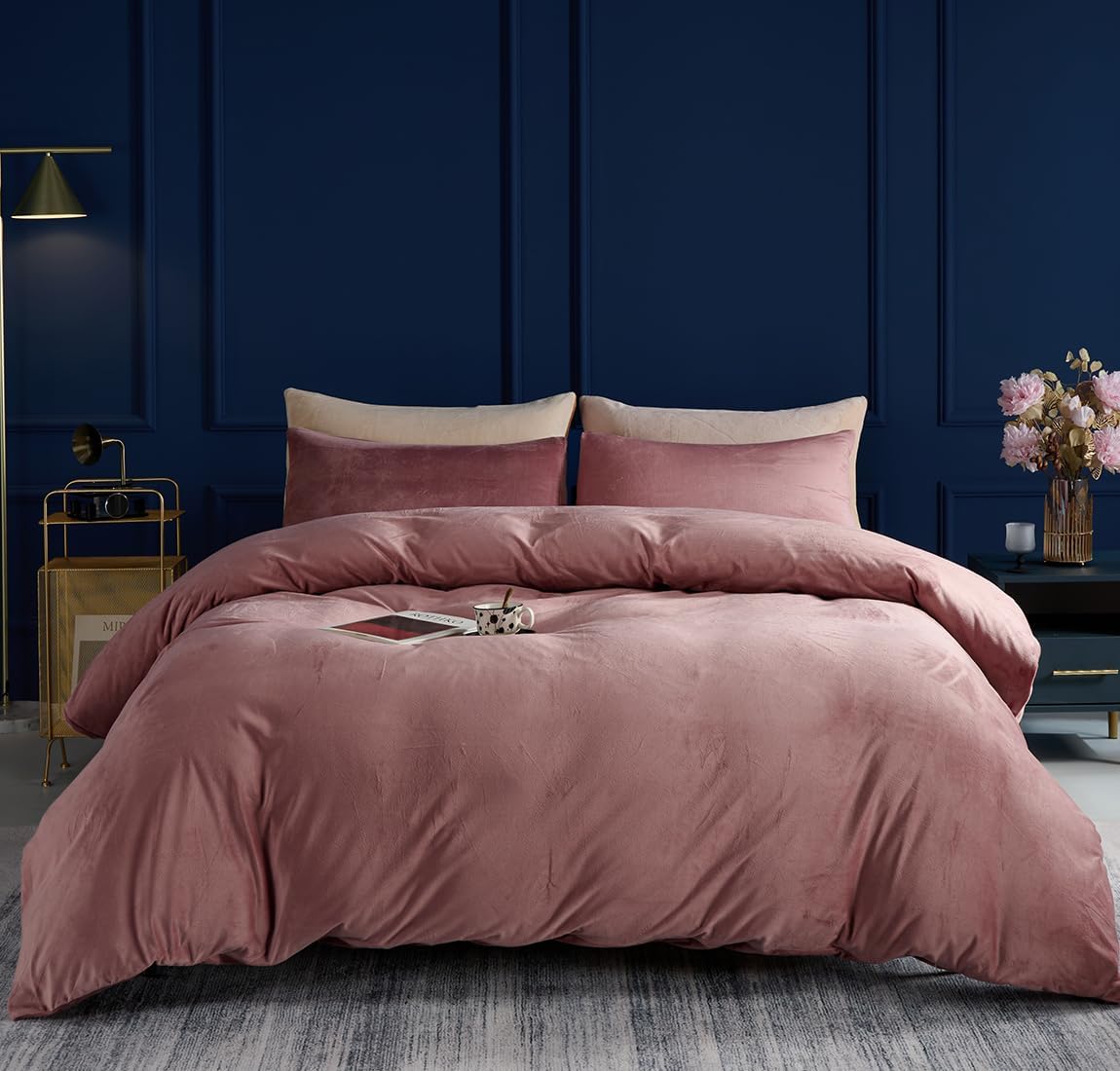 TUMEI 3 Piece Velvet Duvet Cover Set, Queen Size, Blush Pink