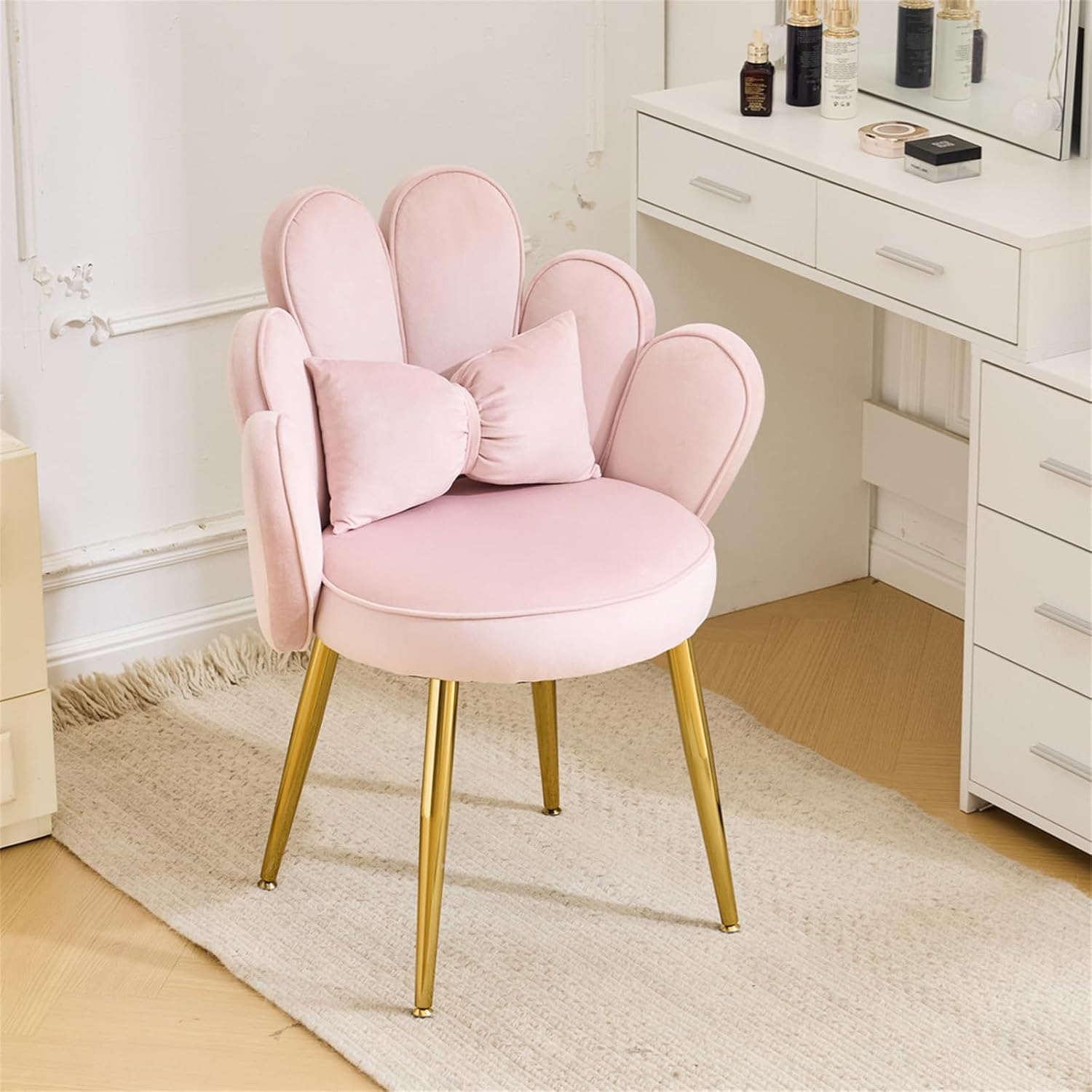 VINGLI Petal Makeup Vanity Chair with Back, Flower Design, No Wheels