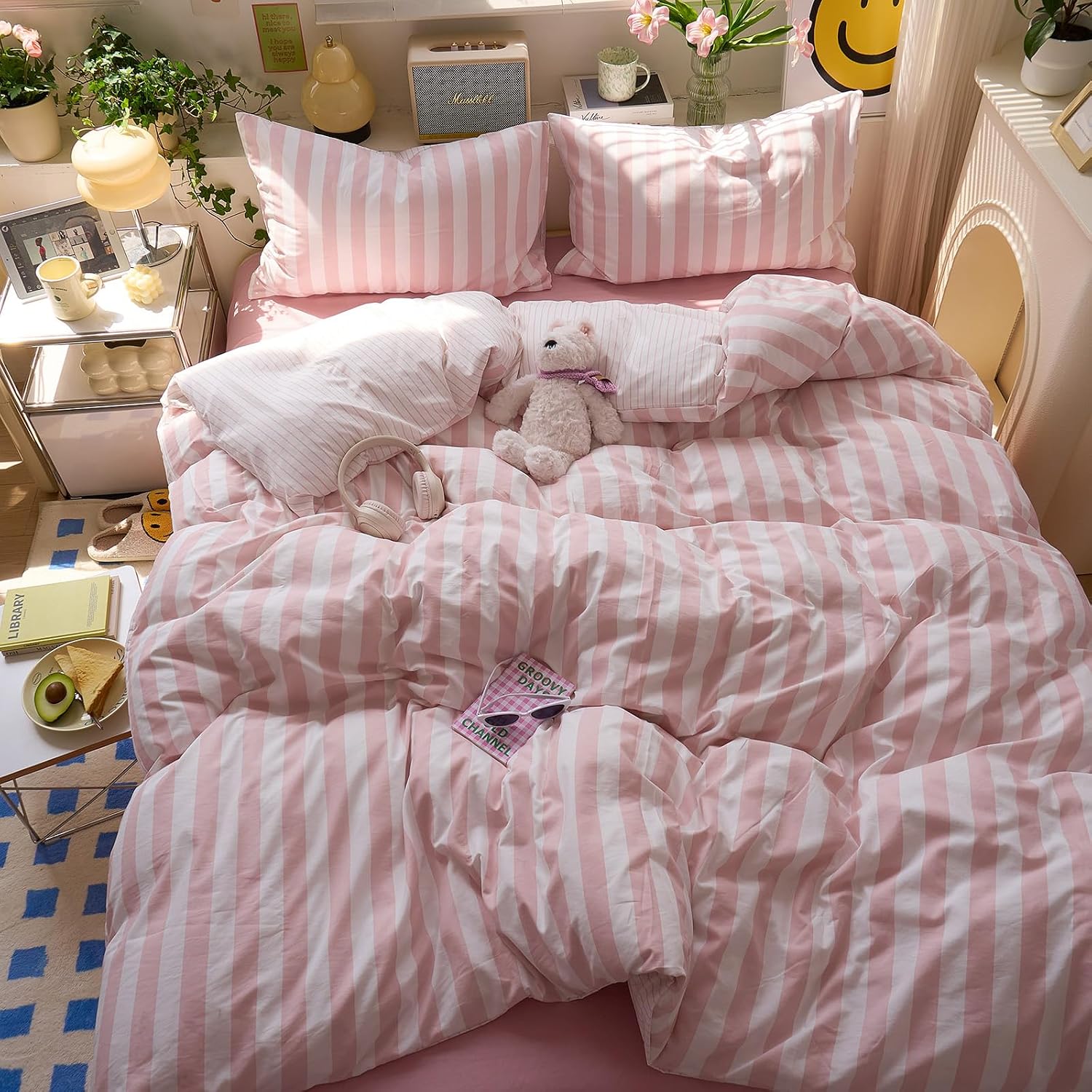 Peach Pink Striped Boho Duvet Cover, Queen Size