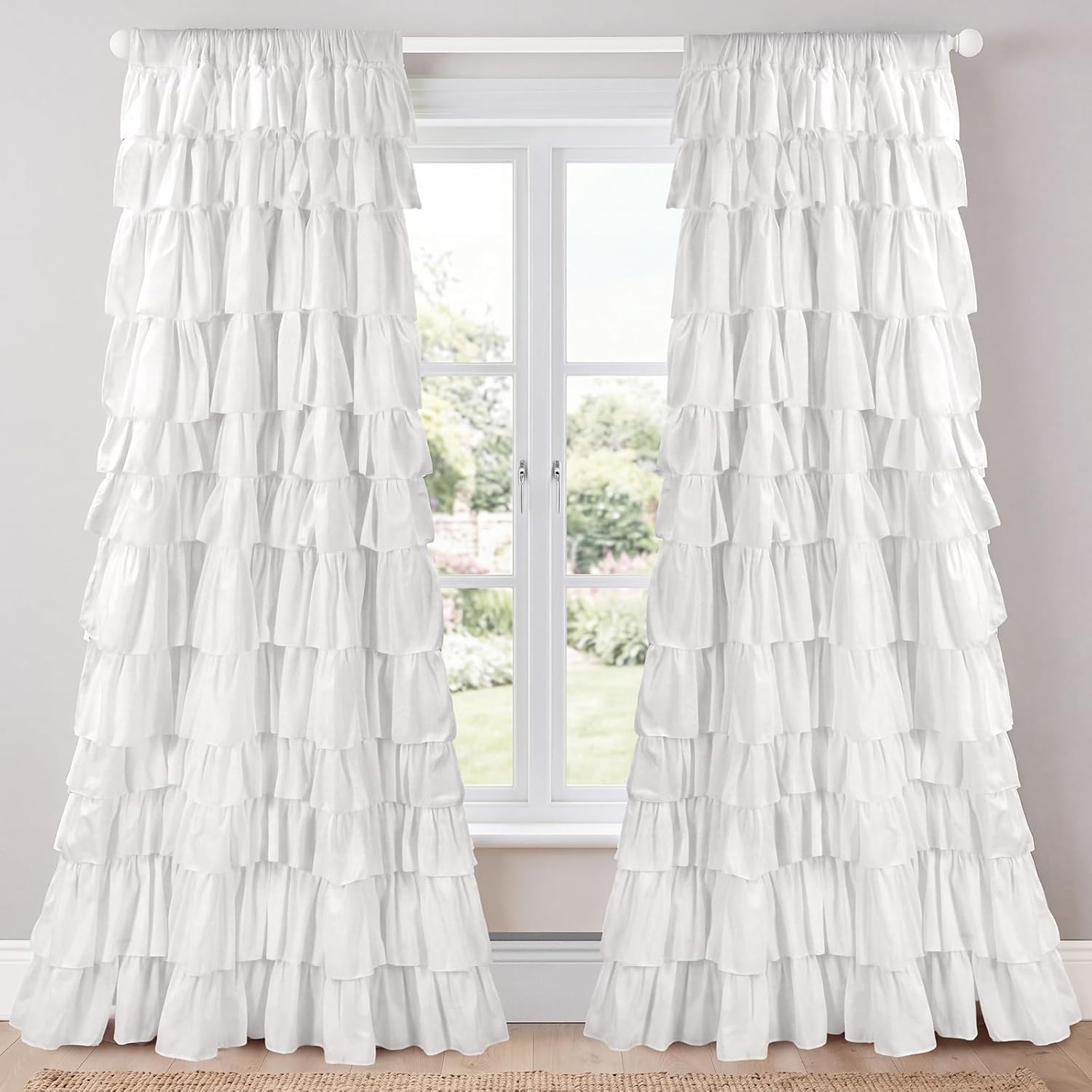 Panelee White Ruffle Pleated Layer Window Curtains, 54 x 84 Inch
