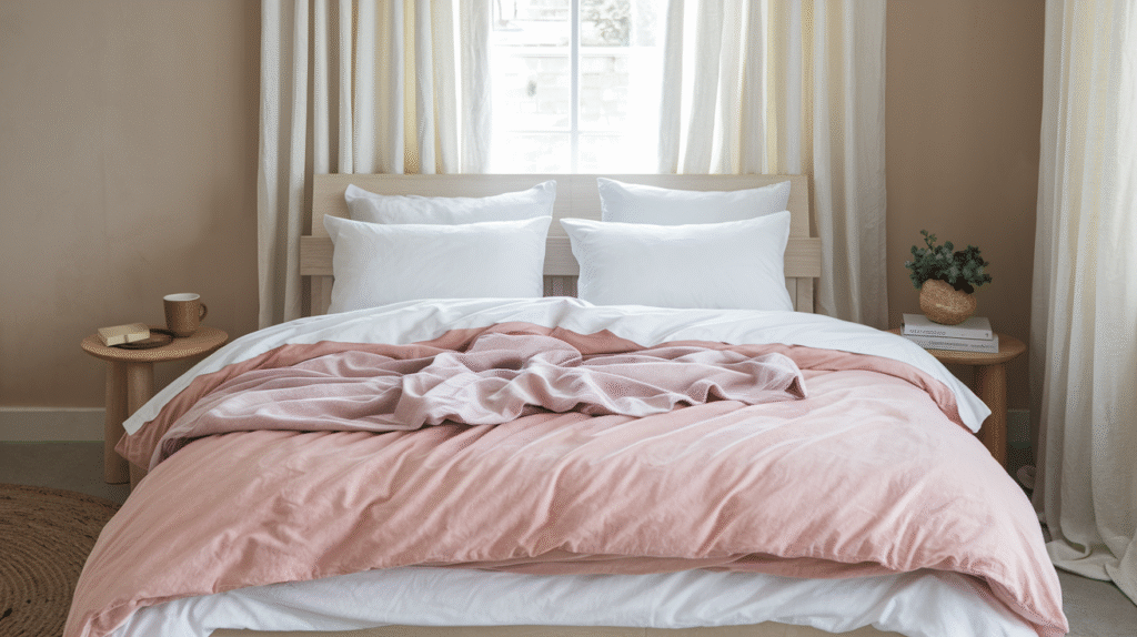 Blush pink velvet duvet folded over crisp white bedding against a beige wall with sheer white curtains