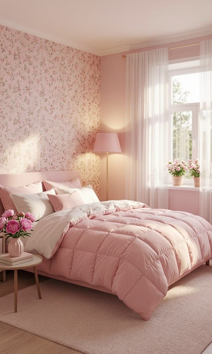 Charming pink bedroom styled with soft textiles and warm accents