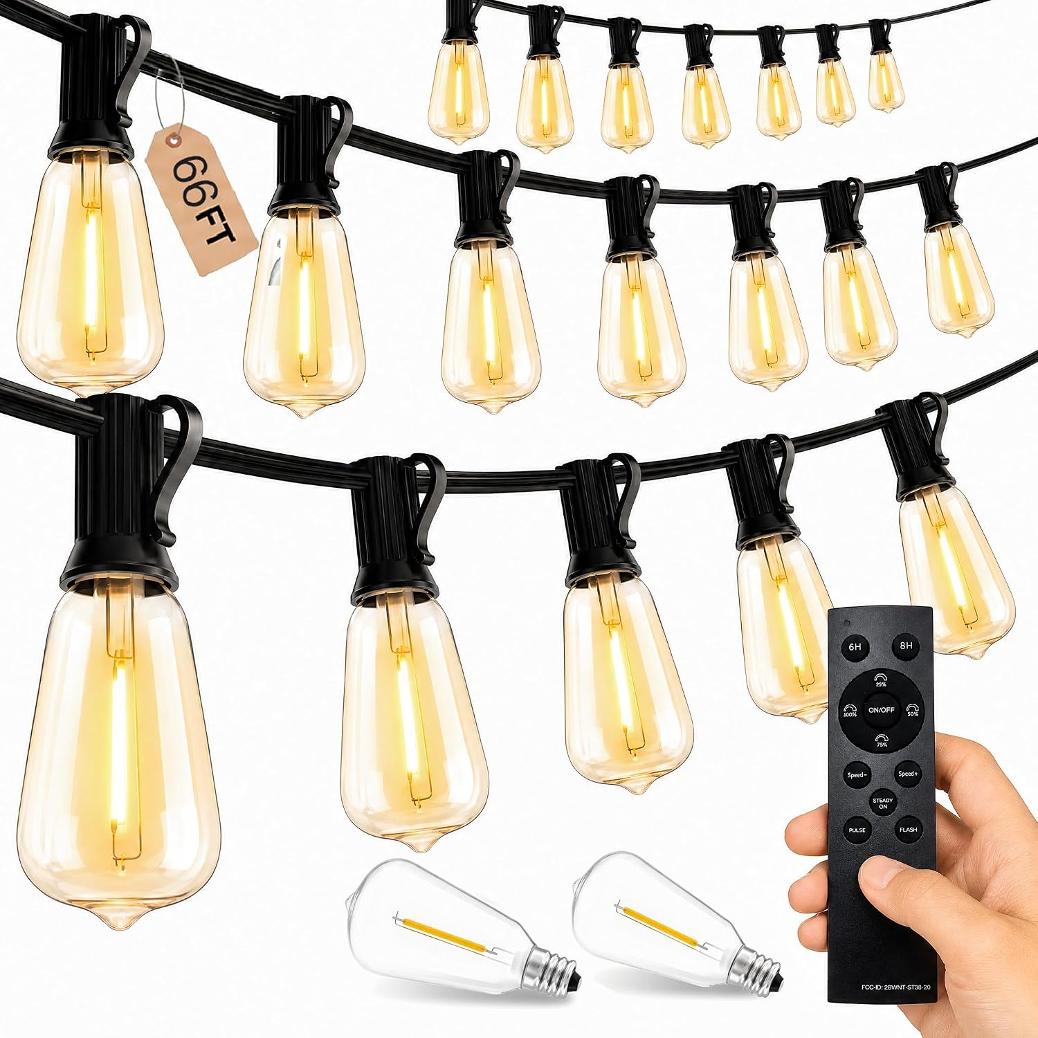 Dazzle Bright Solar String Lights, 66 Ft, Waterproof ST38 Patio Bulbs