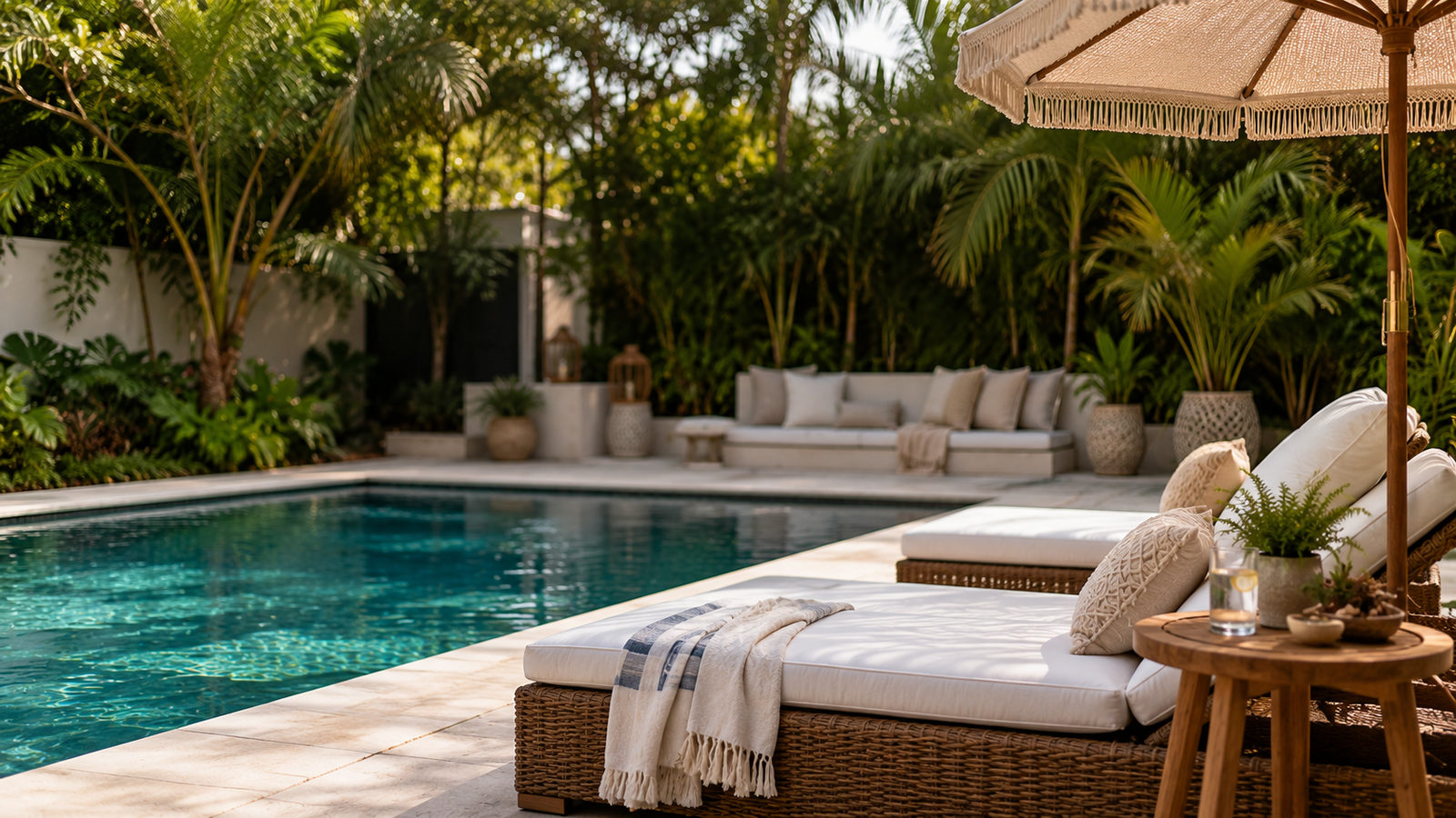 Stylish poolside setup with loungers and summer decor