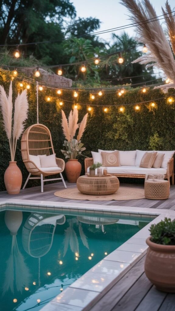 Warm layered lighting creating ambiance around a pool at night