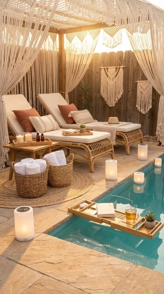 Stylish poolside lounge area with coordinated furniture