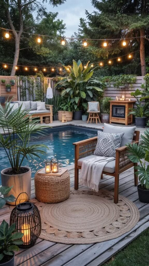 Lush potted plants creating a tropical poolside atmosphere