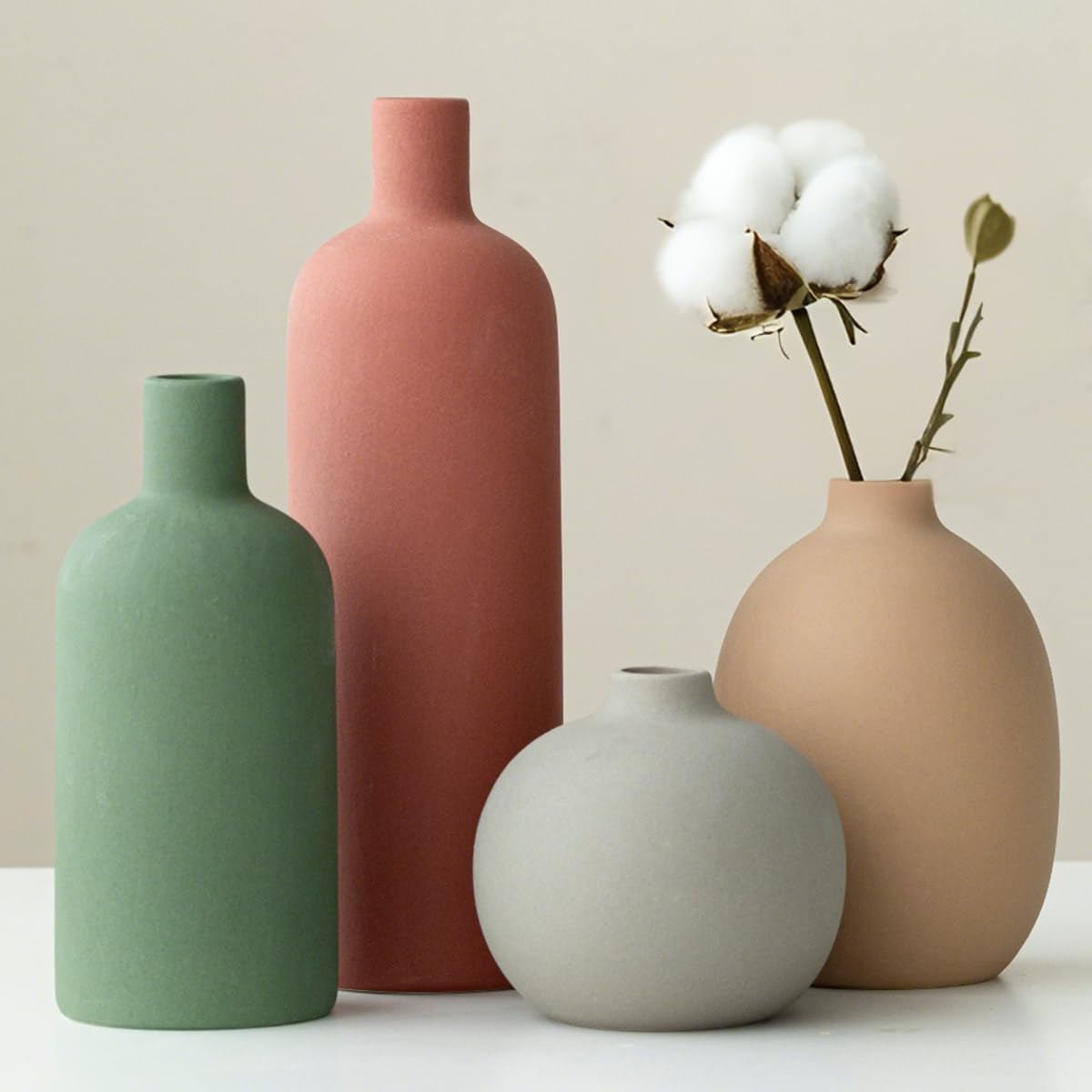 Modern Ceramic Vase Set, Neutral Colors, 4 Piece Collection