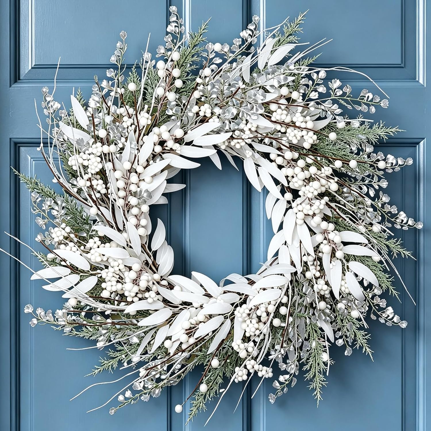 Artificial Winter Wreath for Front Door, 24 Inch, White Berry and Greenery