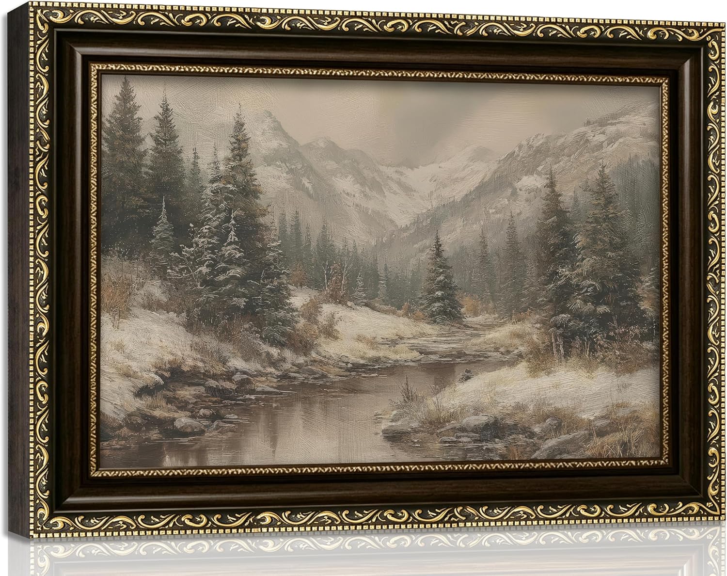 Vintage Framed Winter Landscape Wall Art, Snowy Mountain Forest