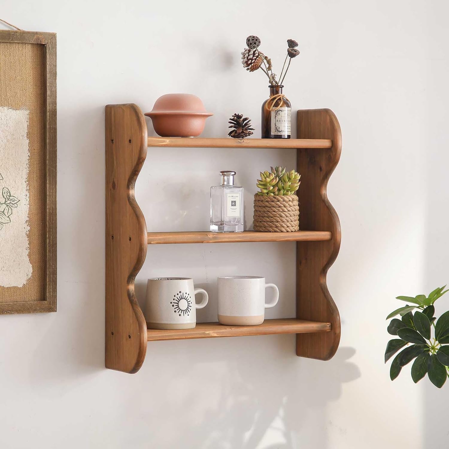100% Solid Wood 3-Tier Wall Shelf, Rustic Floating Shelves, Wall-Mounted Storage Rack