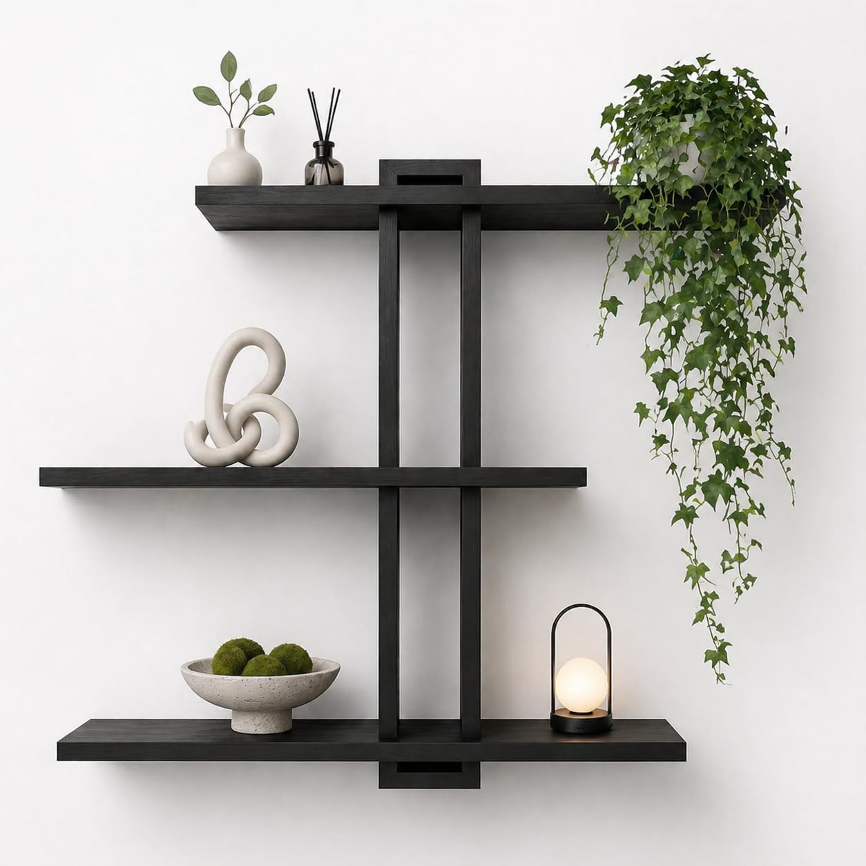 Black Floating Shelves for Bathroom, 3 Tier Pine Wood Wall-Mounted Shelf
