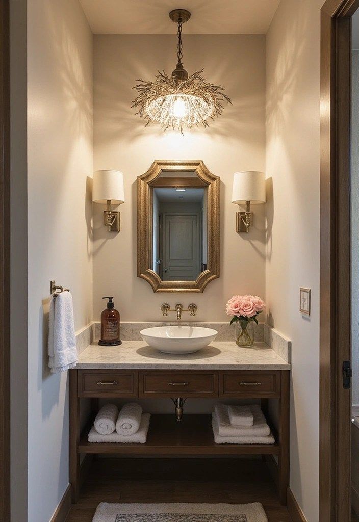 Small crystal branch chandelier above an ornate gold mirror, wood vanity and brass sconces styled with pink roses