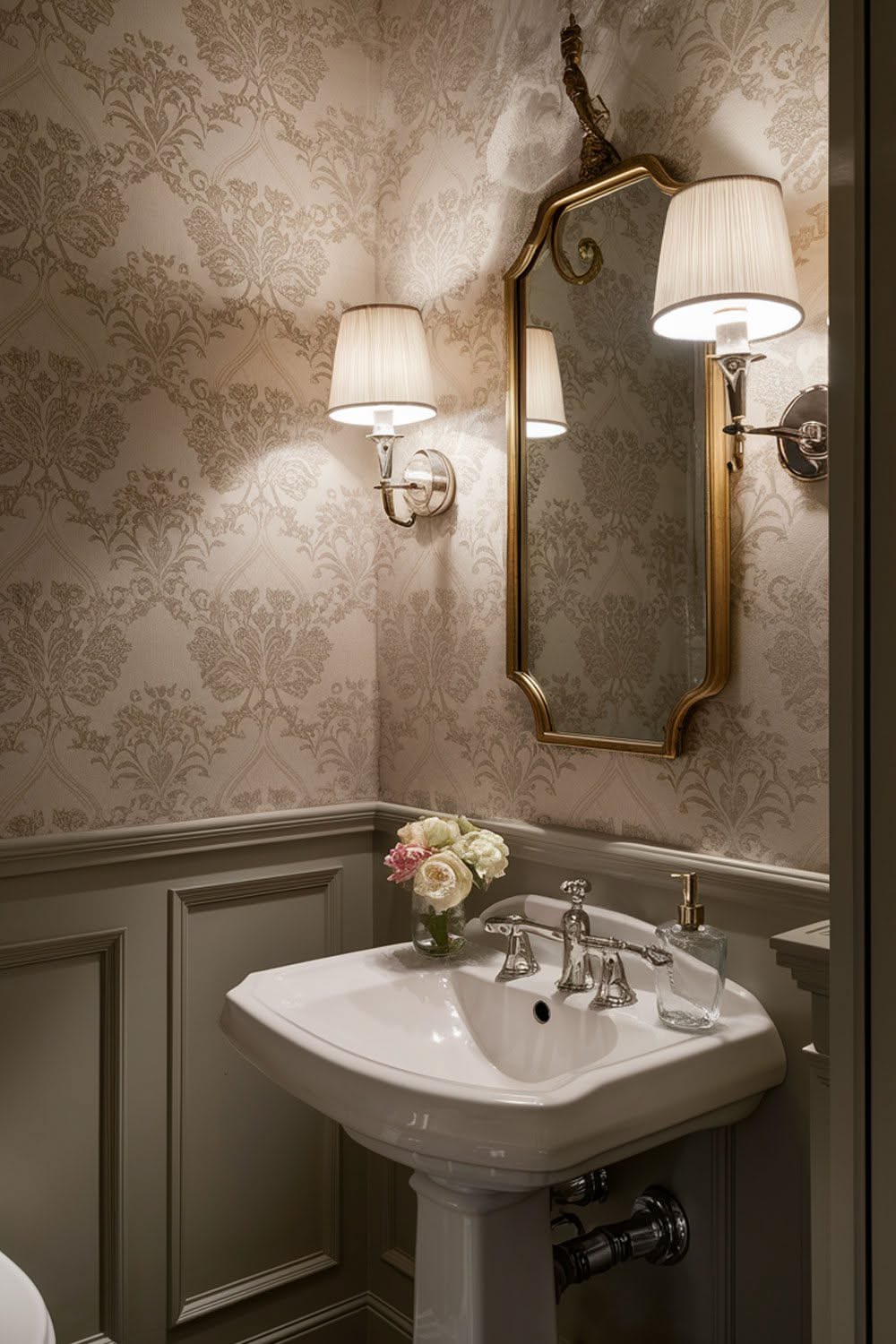 Cream damask wallpaper powder room with an ornate brass mirror, pedestal sink, brass faucet and sconces