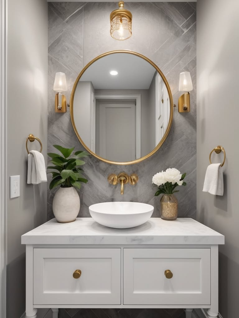 Gray herringbone tile powder room with a round brass mirror, gold pendant light, vessel sink and white vanity with brass pulls