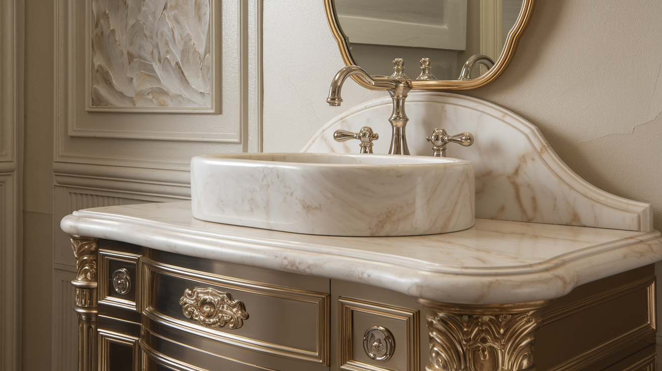 A close-up of a luxurious powder room vanity with elegant details