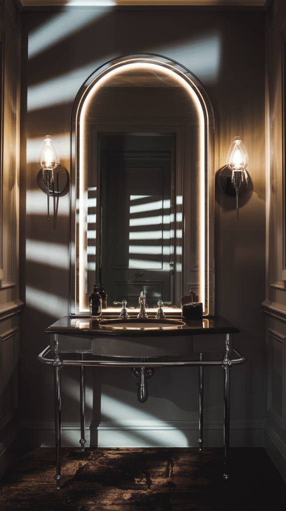 A distinctive mirror adding luxurious detail to a powder room