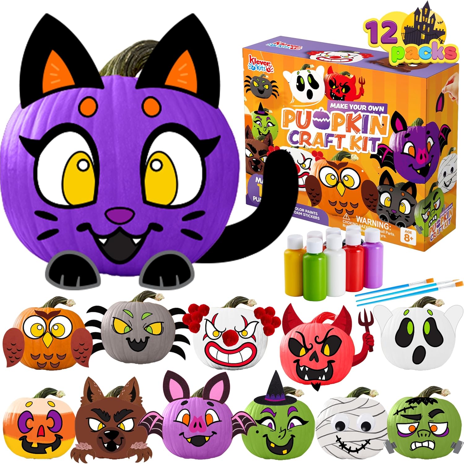 Klever Kits Craft Pumpkin Decorating Kit for Kids, 12 Pack