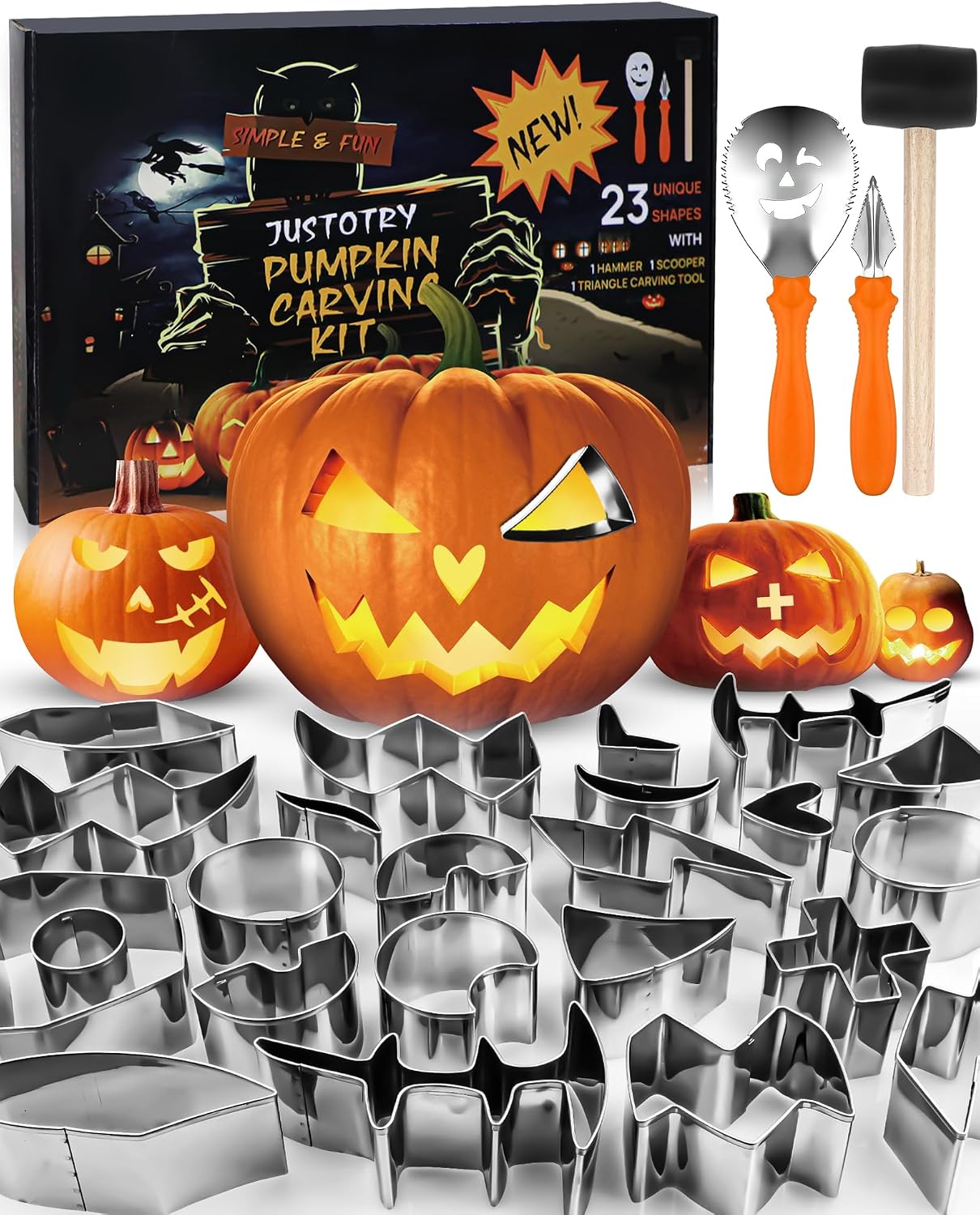 JUSTOTRY Pumpkin Carving Kit with Face Shape Cutters and Tools