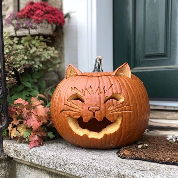 Cute cat face carved into a pumpkin with large rounded eyes
