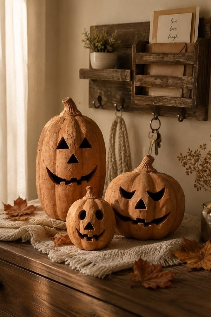 Smiling ghost face carved into a pale pumpkin
