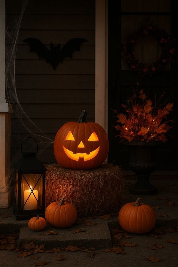 Starry night pattern carved into a pumpkin, glowing from within