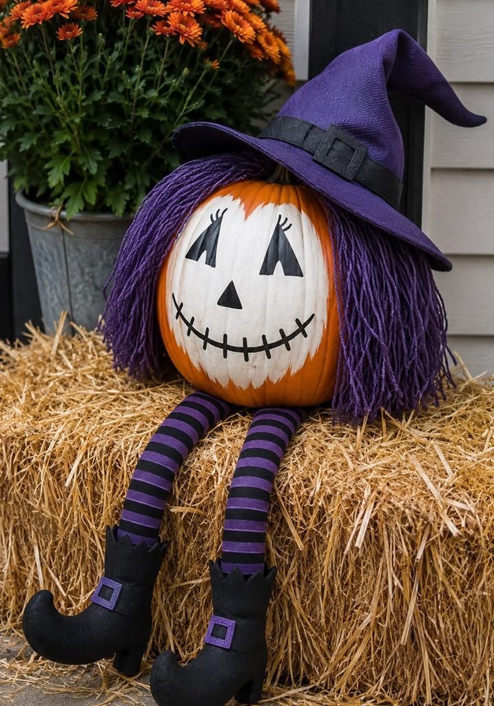 Cute witch face carved into a pumpkin with a miniature hat on top