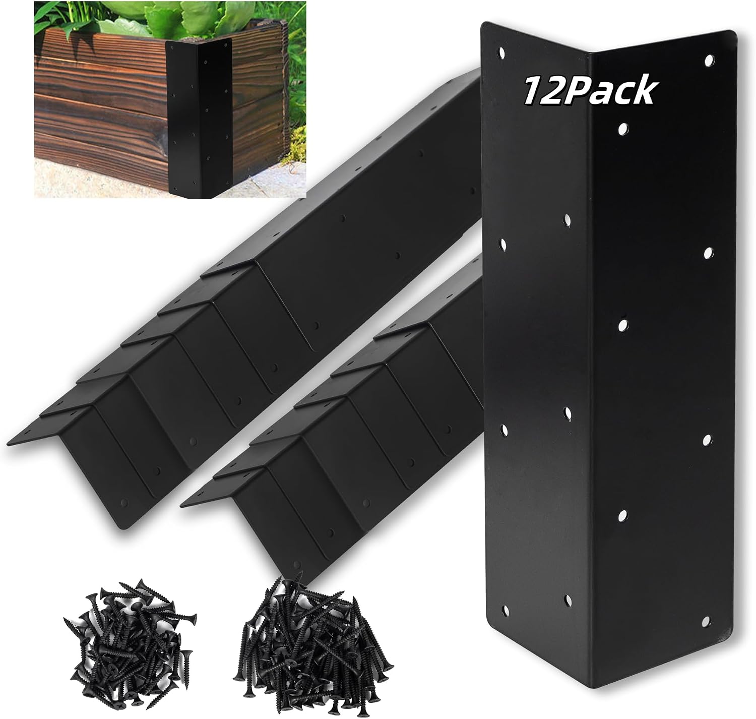 Raised Garden Bed Corner Brackets, 12 Piece Black Metal Set with Screws