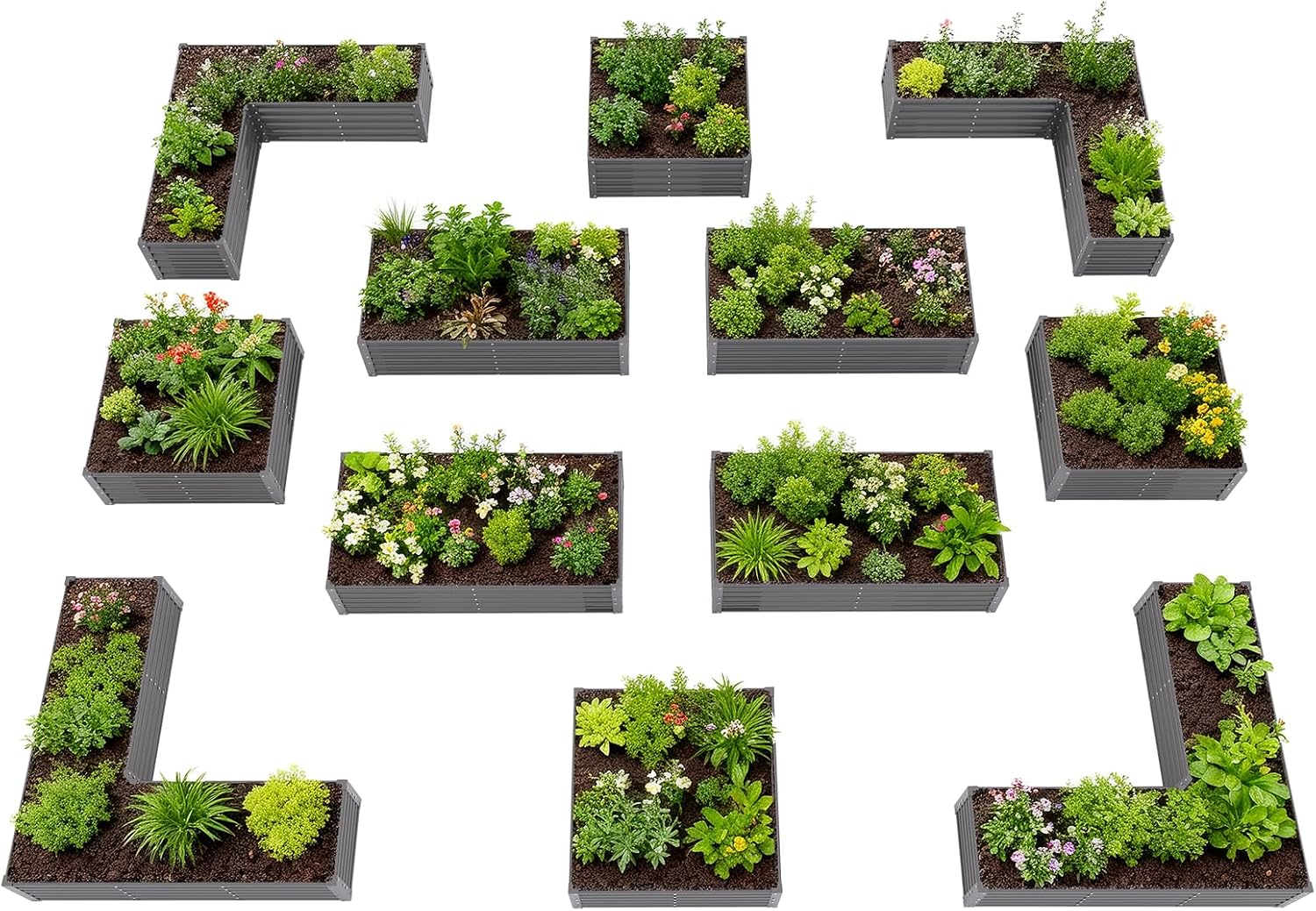 Anleolife 12 Bed Raised Garden Set, Rectangle, L-Shaped and Square, Quartz Grey