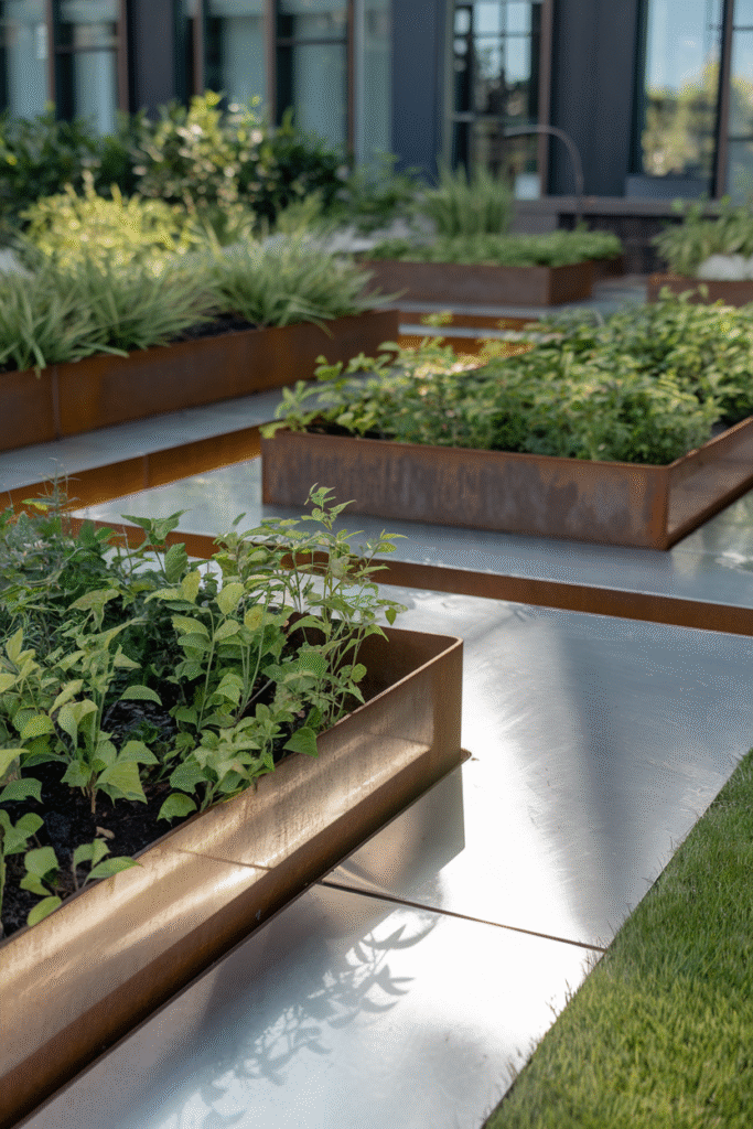 Sleek metal edging offering durability for a raised garden bed