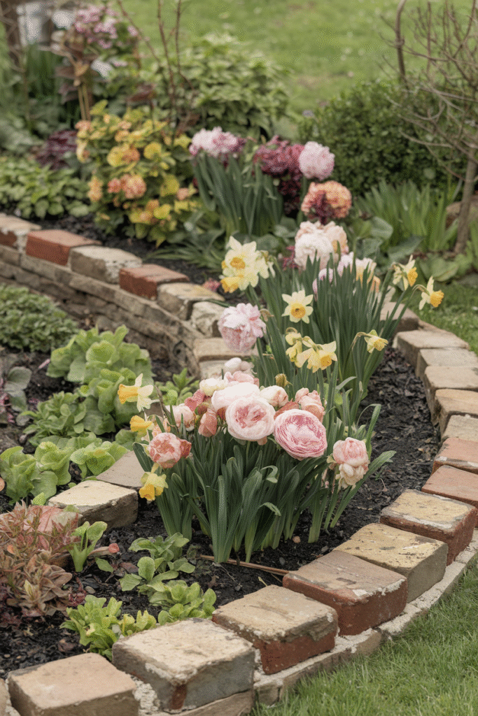 Stone and brick creating a permanent, built-to-last raised bed