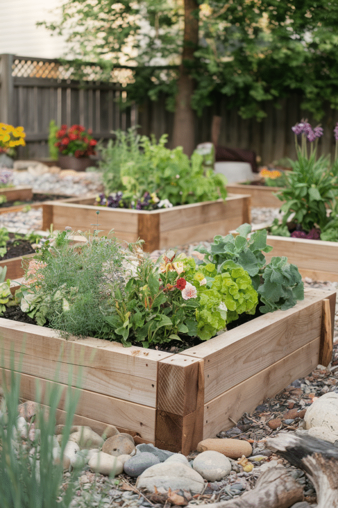 Classic wood edging bringing natural warmth to a raised garden bed