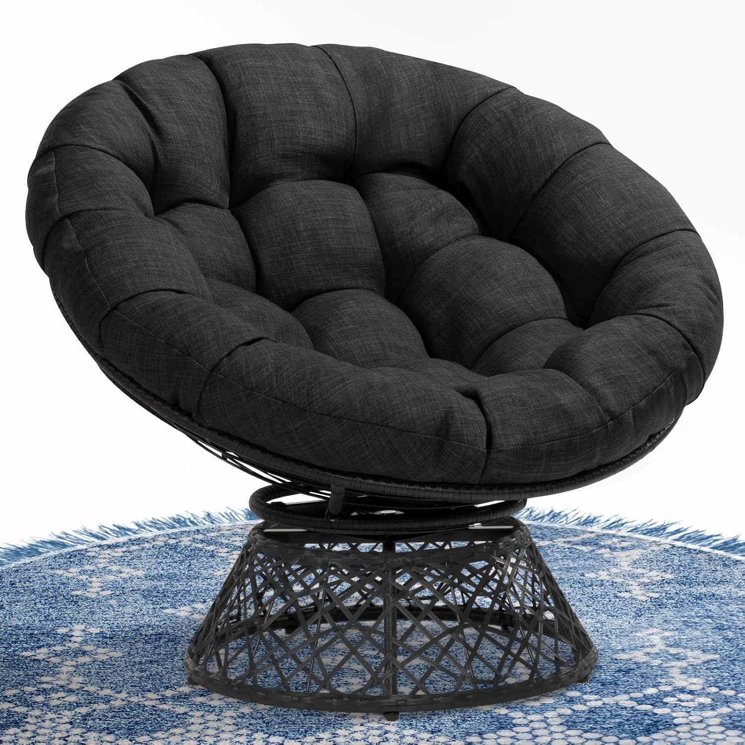 Bme 40 Inch Wicker Papasan Chair, 360 Degree Swivel, Onyx Stone, Black Base