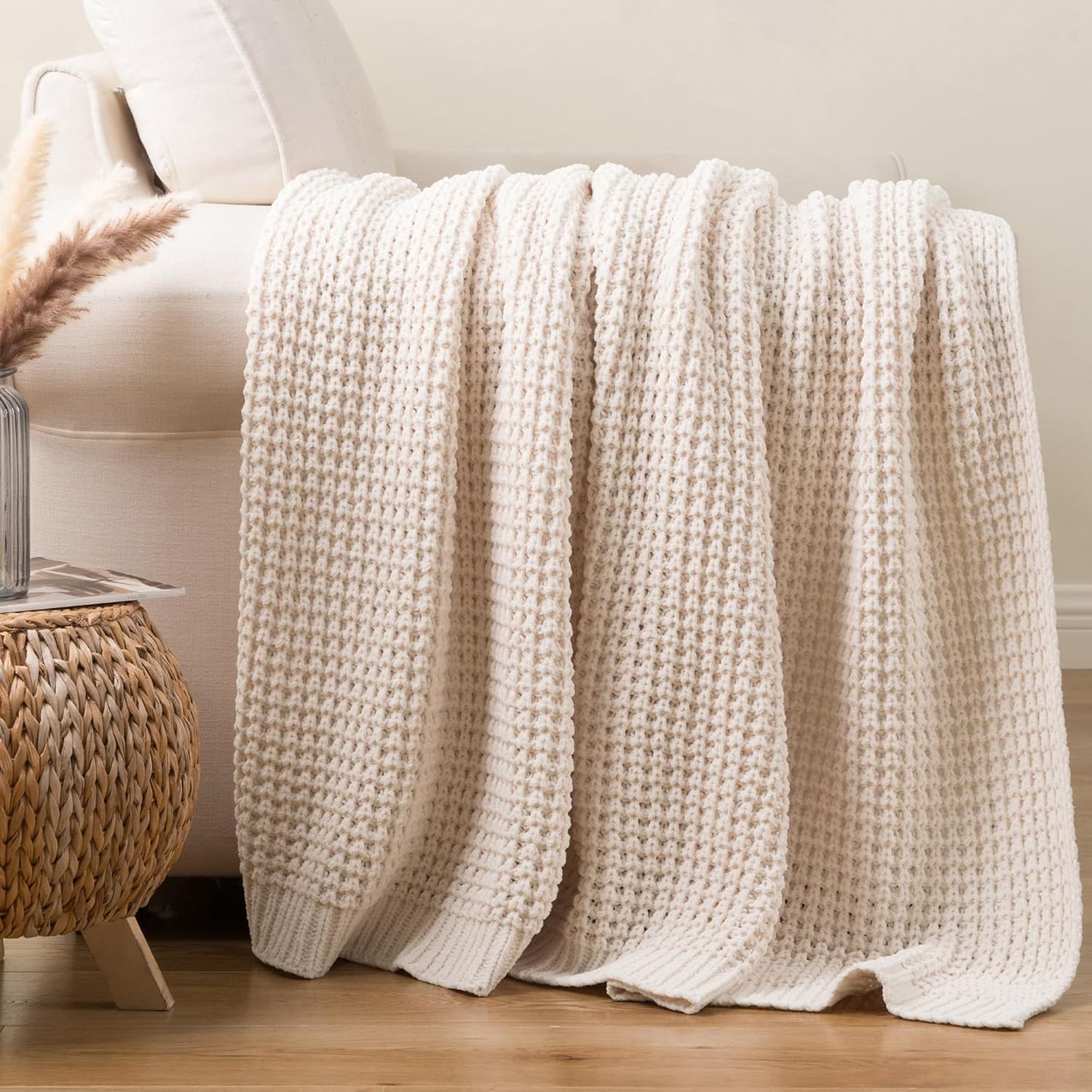 Cream White Waffle Knit Throw Blanket for Couch and Bed, 50 x 60 Inch