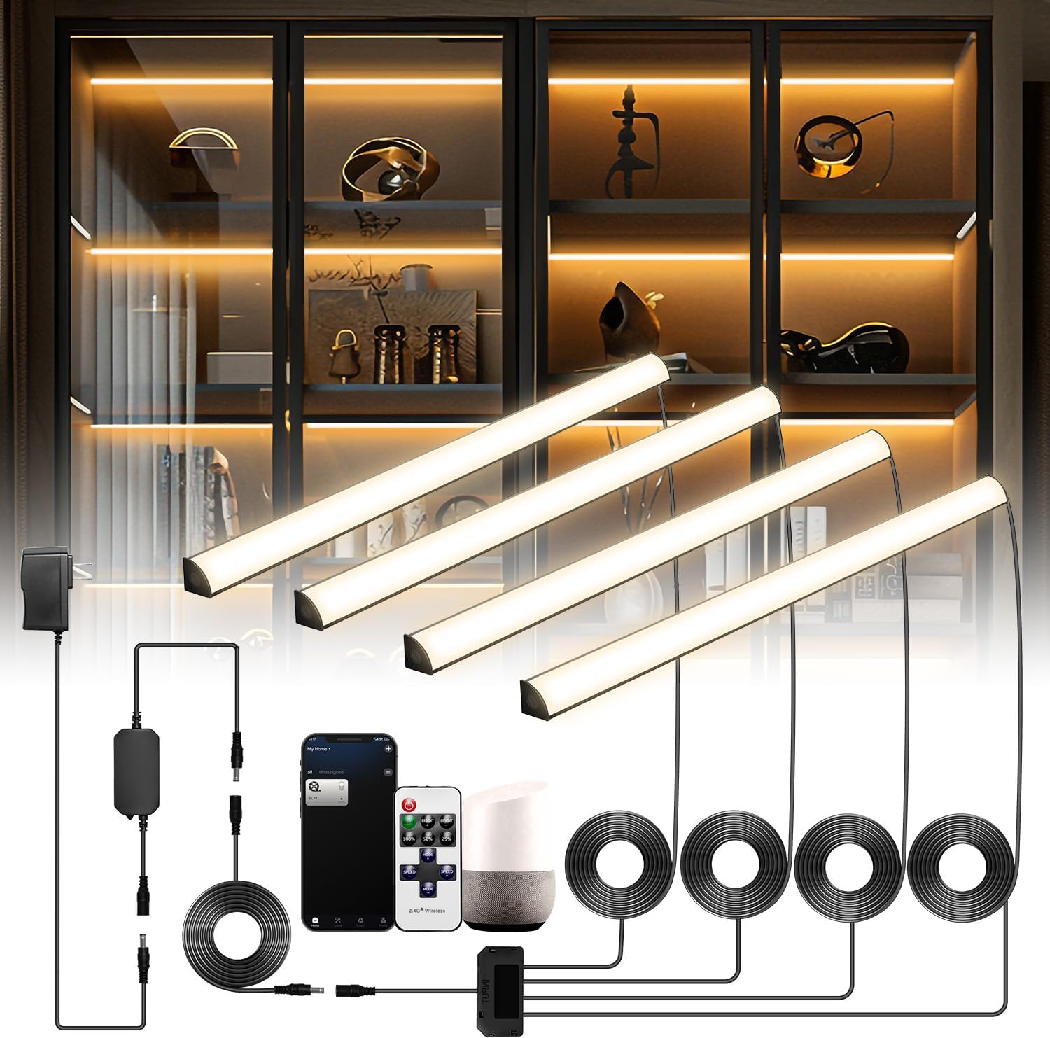Black LED Shelf Lights for Bookcase, WiFi Dimmable 2700K, Alexa Compatible