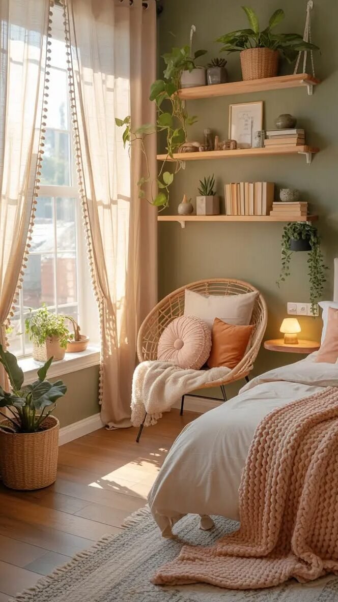 Rattan papasan chair with pink and white pillows beside a bed near a sunlit window with sheer curtains and hanging plants