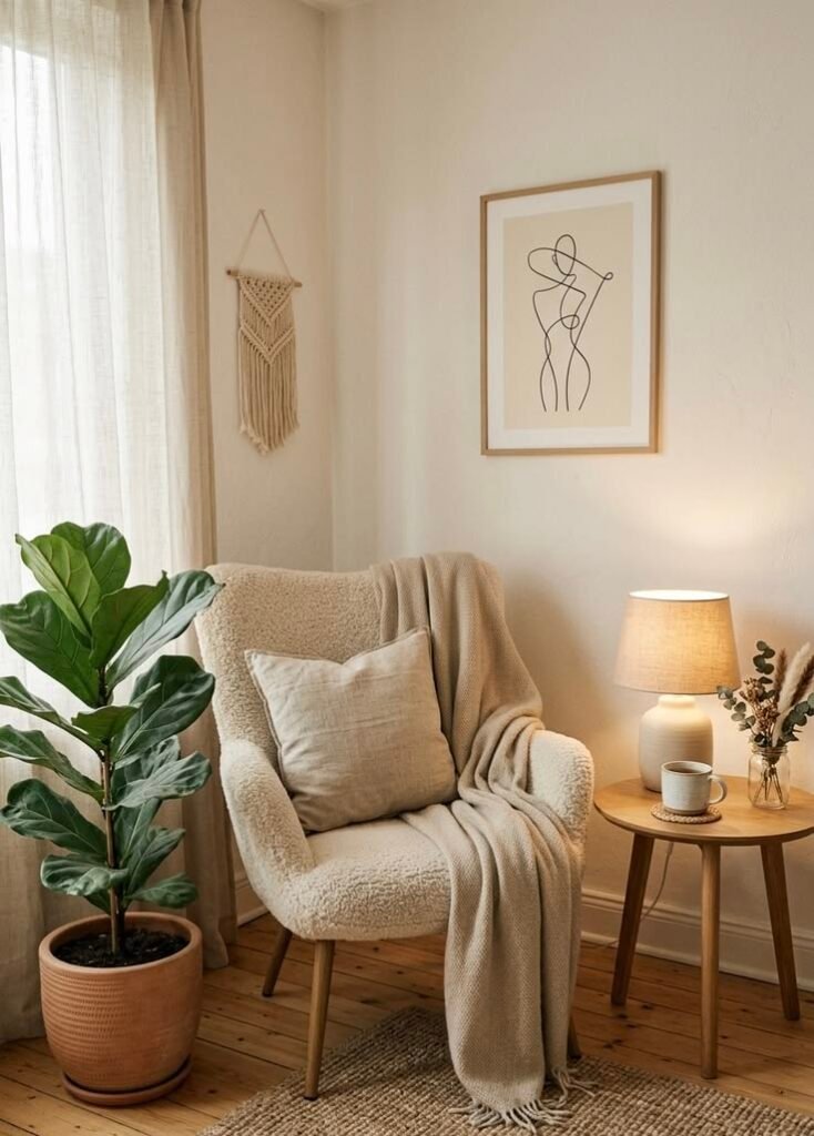 Cream boucle armchair positioned beside a window with sheer curtains, a fiddle leaf fig plant and a small round side table with a lamp