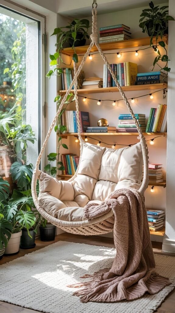 Macrame hanging chair with cream cushions suspended near a window, surrounded by potted plants and a bookshelf strung with warm fairy lights