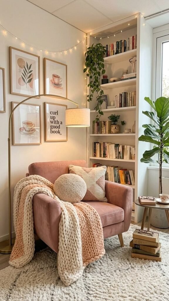 Blush pink velvet armchair in a room corner with a gallery wall of framed prints, a brass floor lamp and a white bookshelf