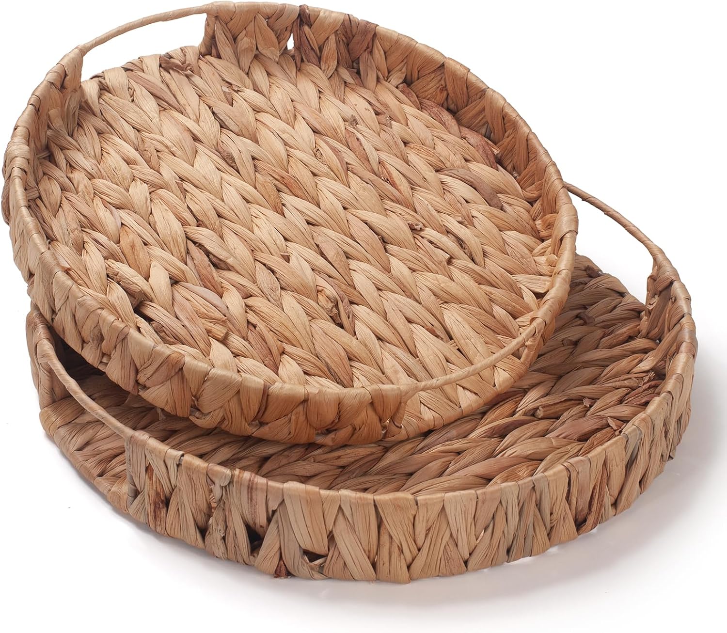 Round Water Hyacinth Ottoman Serving Trays with Handles, Set of 2, 11.8 Inch