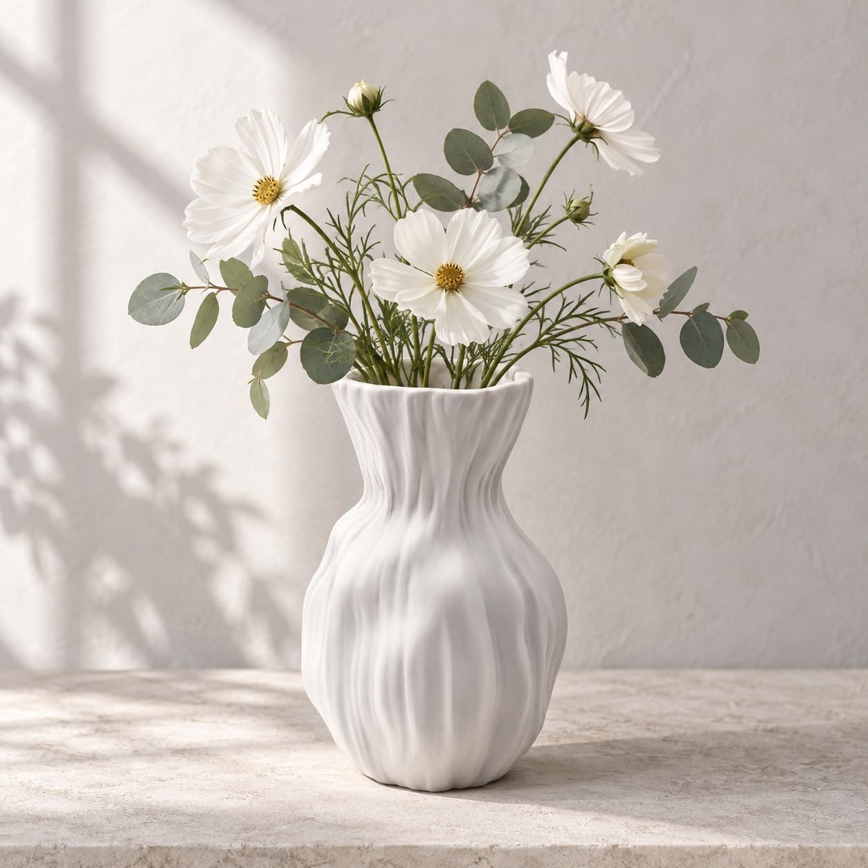Small White Fluted Ceramic Flower Vase, 7.7 Inch