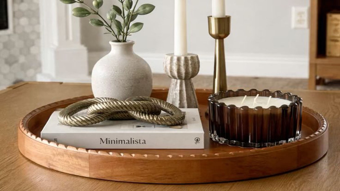 Round wood tray styled with a vase, candlesticks and a candle on a coffee table