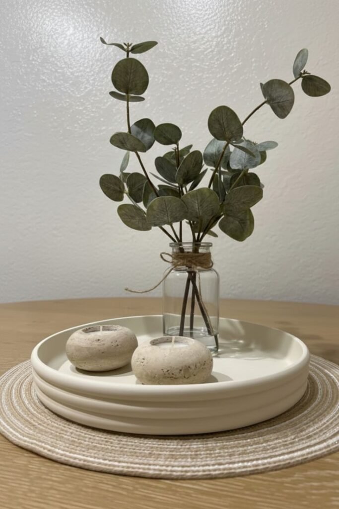 Minimalist round tray styled with a candle and small greenery for a compact space