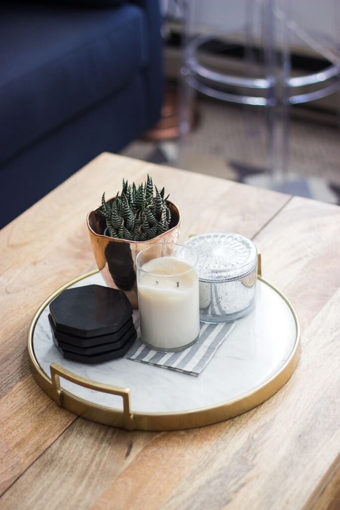 Soft neutral round tray decor with cream and warm wood tones