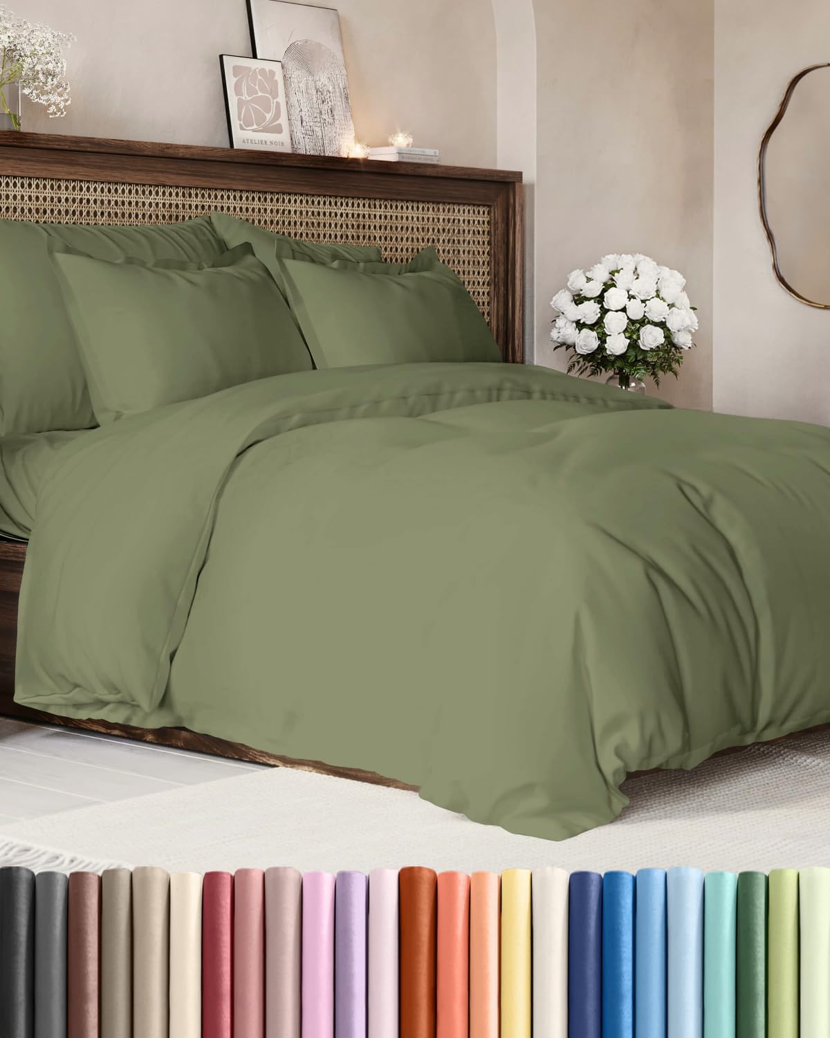 Duvet Cover Queen Size - Soft 3 Piece with Zipper Closure - Sage Green