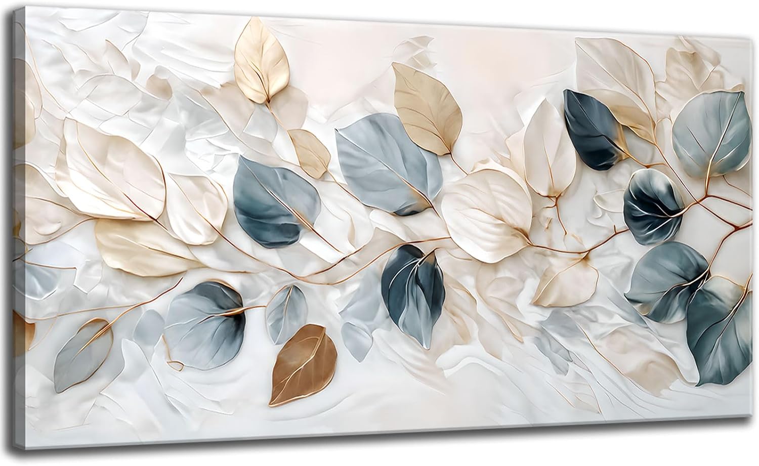 Large Living Eucalyptus Leaf Canvas Wall Art, Teal White Botanical Abstract Decor Painting, Modern Nordic Plant Flowers Posters Prints for Bathroom Bedroom Office Hallway Home Decoration