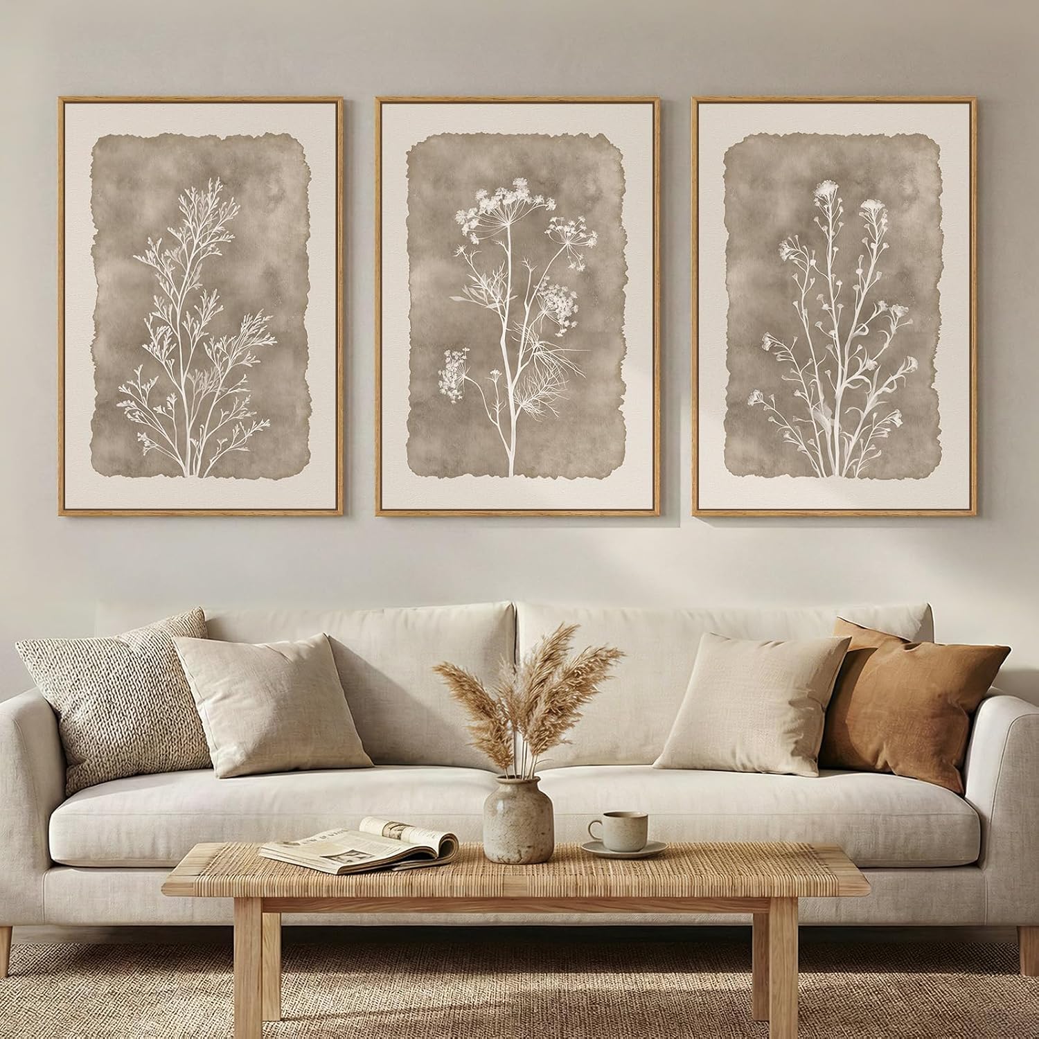 3 Piece Framed Neutral Botanical Floral Wall Art for Living Room, 16x24 In