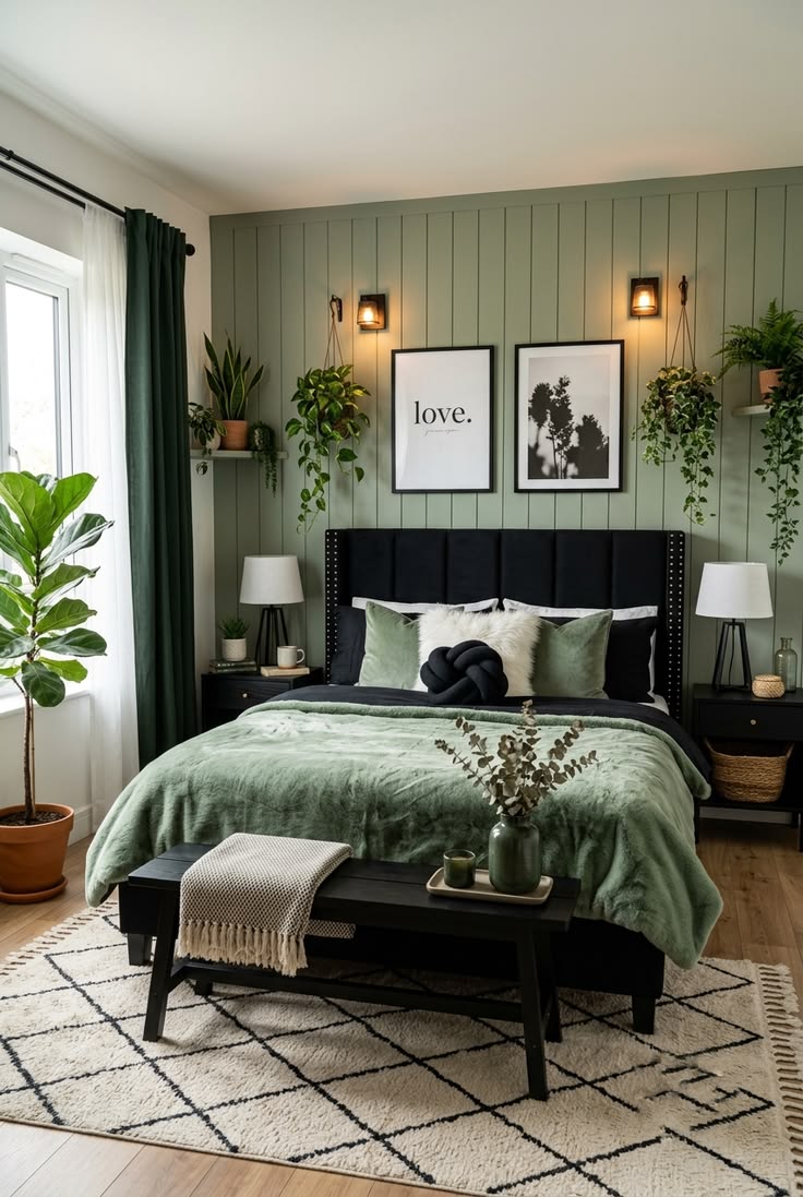 Sage green paneled wall with a black upholstered headboard, black nightstands and hanging plants