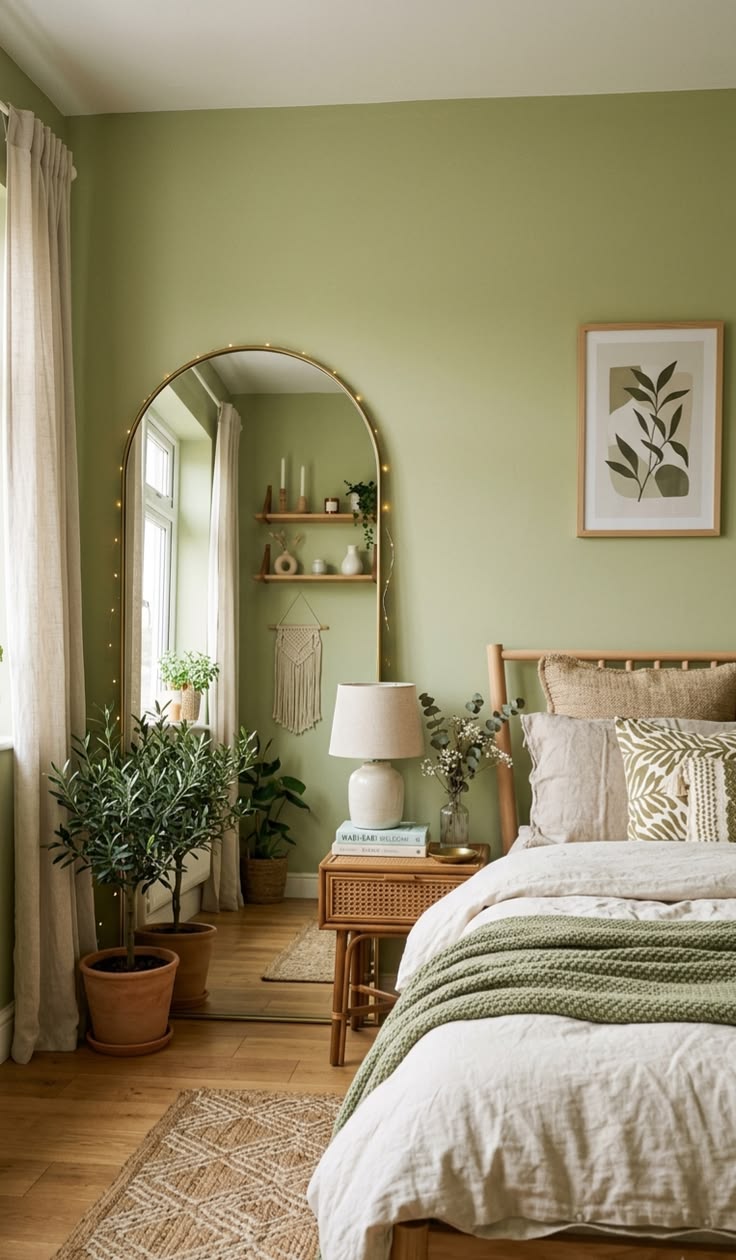 Sage green fabric canopy draped above a wood bed frame with macrame wall hangings and potted plants